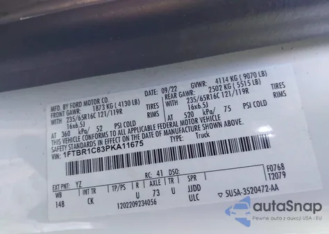 2023 Ford Transit-250 из США, поврежденный, VIN 1FTBR1C83PKA11675